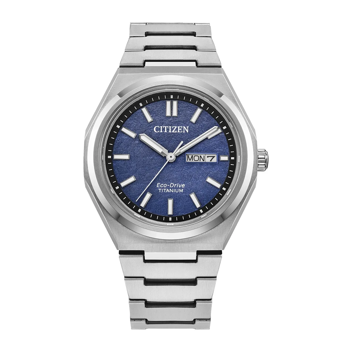 Reloj Citizen análogo, para Hombre, tablero redondo color azul, estilo index, pulso titanium super color plateado, calendario