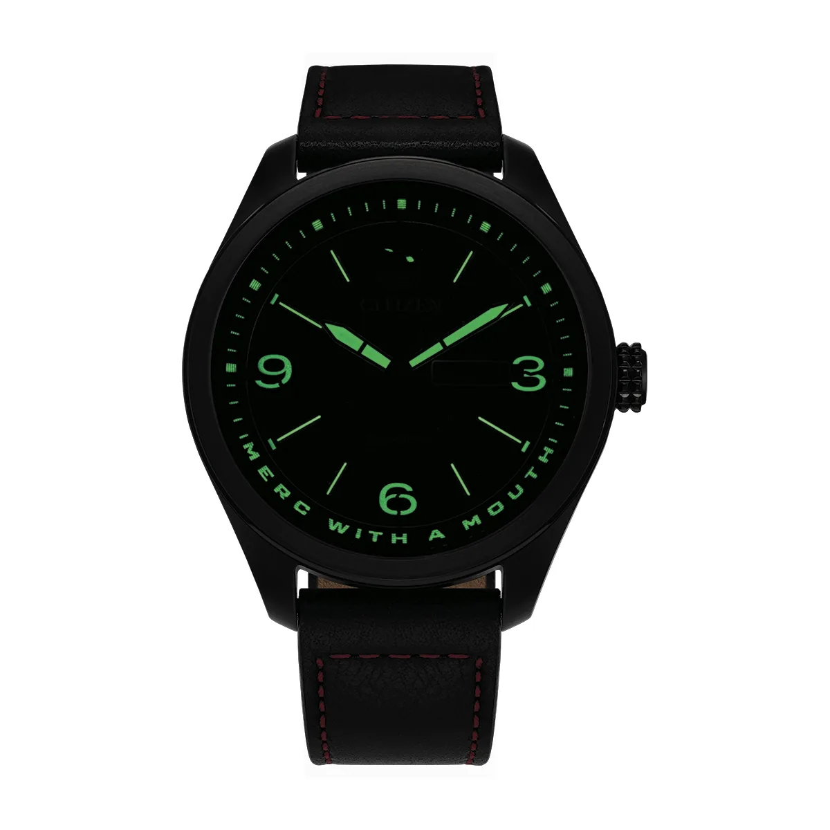 Reloj Citizen análogo, para Hombre, tablero redondo color negro, estilo index + arábigo, pulso cuero color negro, calendario