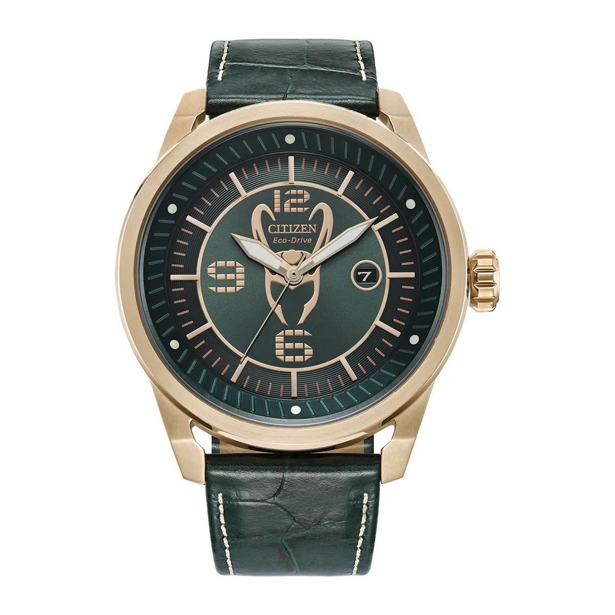 Reloj Citizen análogo, para Hombre, tablero redondo color verde, estilo index + arábigo, pulso cuero color verde, calendario