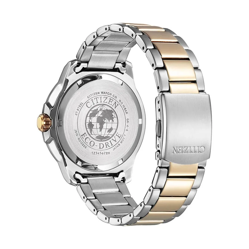 Reloj Citizen analogo, para Hombre, tablero redondo color negro, estilo index, pulso acero colores plateado y rosa, calendario