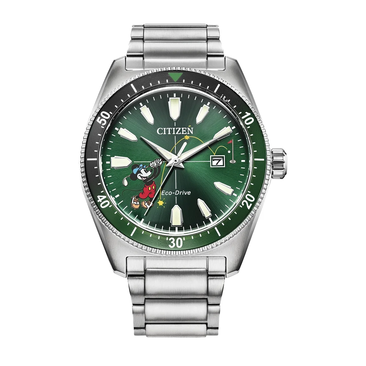 Reloj Citizen análogo, para Hombre, tablero redondo color verde, estilo index, pulso acero color plateado, calendario