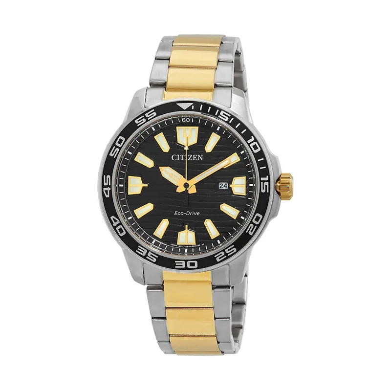 Reloj Citizen analogo, para Hombre, tablero redondo color negro, estilo index, pulso acero colores plateado y dorado, calendario