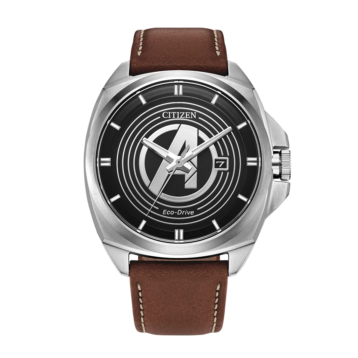 Reloj Citizen análogo, para Hombre, tablero redondo color negro, estilo index, pulso cuero color café, calendario