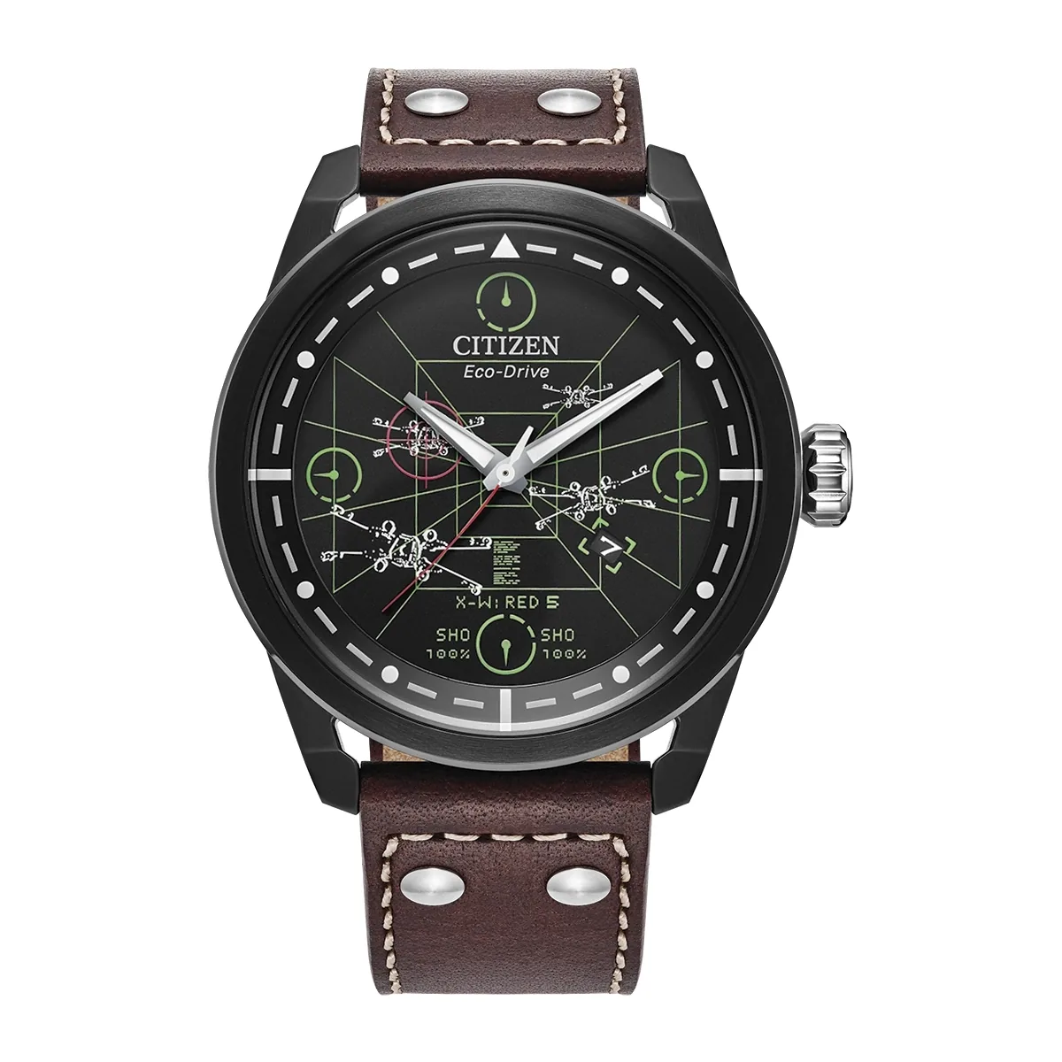 Reloj Citizen análogo, para Hombre, tablero redondo colores negro y verde, estilo puntos, pulso cuero color café, calendario