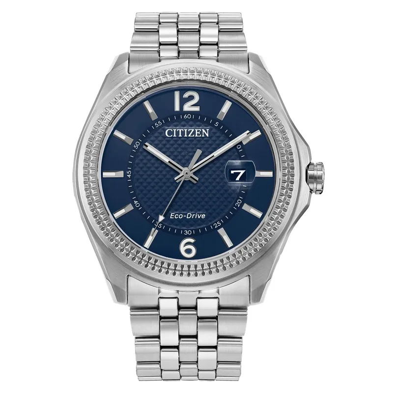 Reloj Citizen analogo, para Hombre, tablero redondo color azul, estilo index + arabigo, pulso acero color plateado, calendario