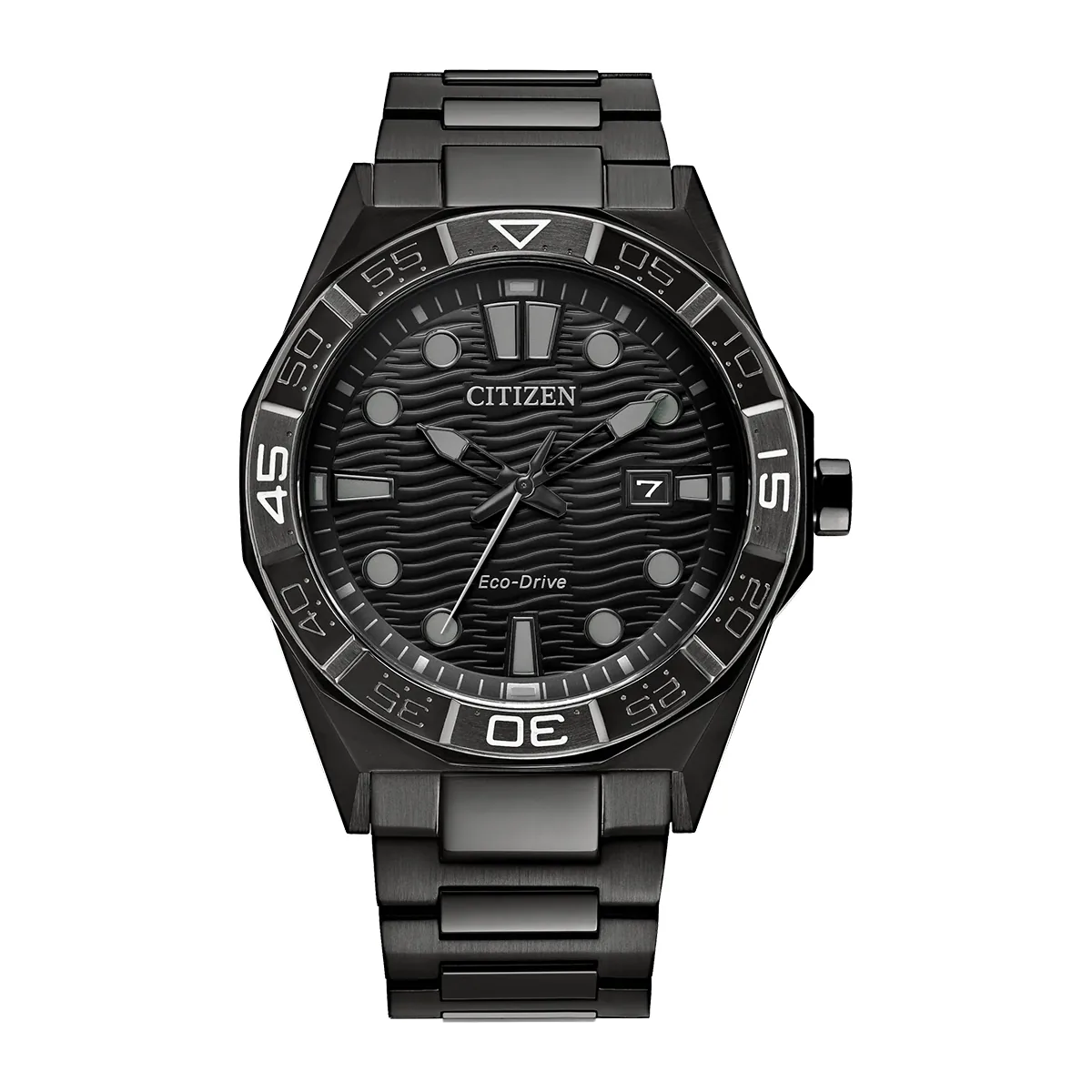 Reloj Citizen análogo, para Hombre, tablero redondo color negro, estilo index + puntos, pulso acero color negro, calendario