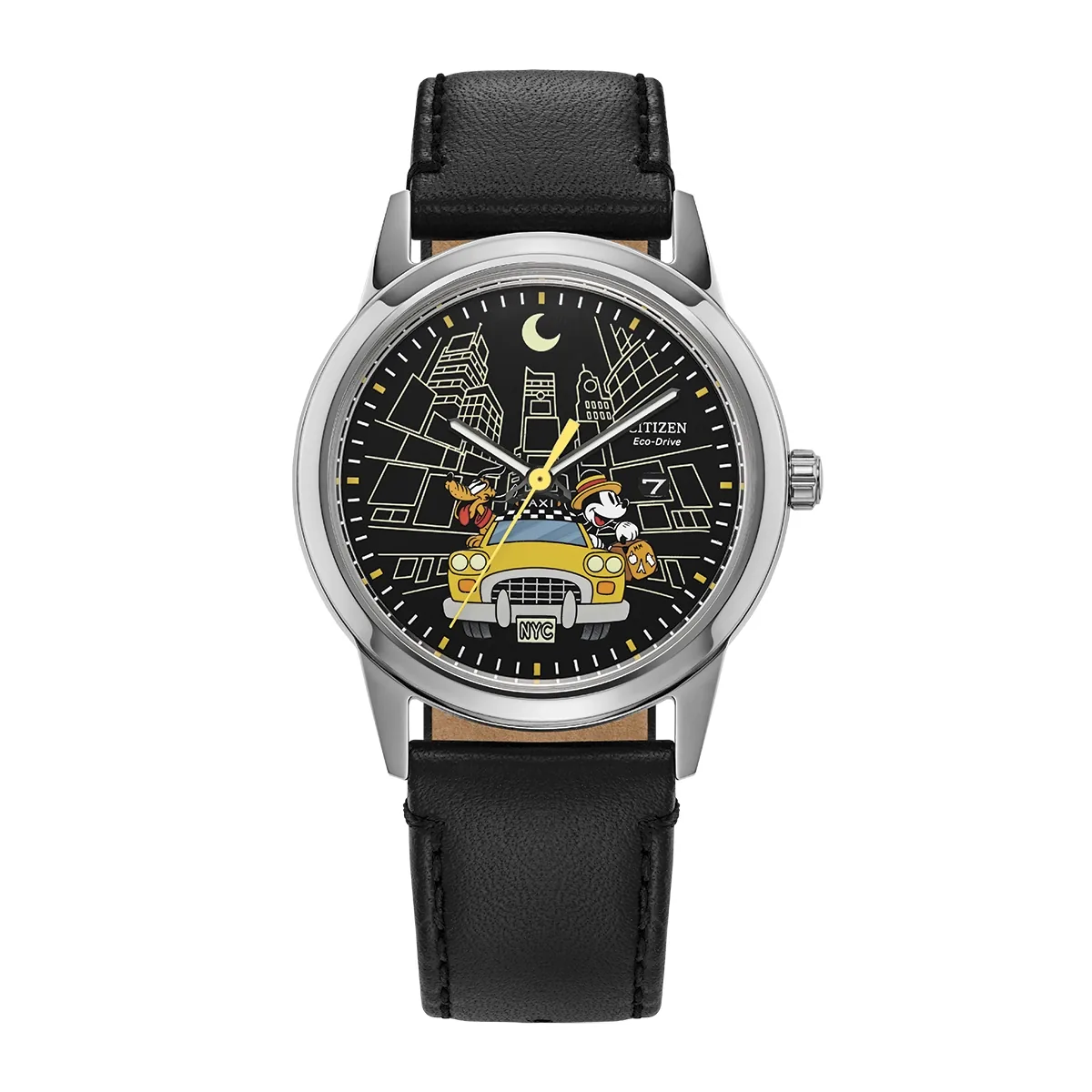 Reloj Citizen análogo, Unisex, tablero redondo color negro, estilo index, pulso cuero color negro, calendario