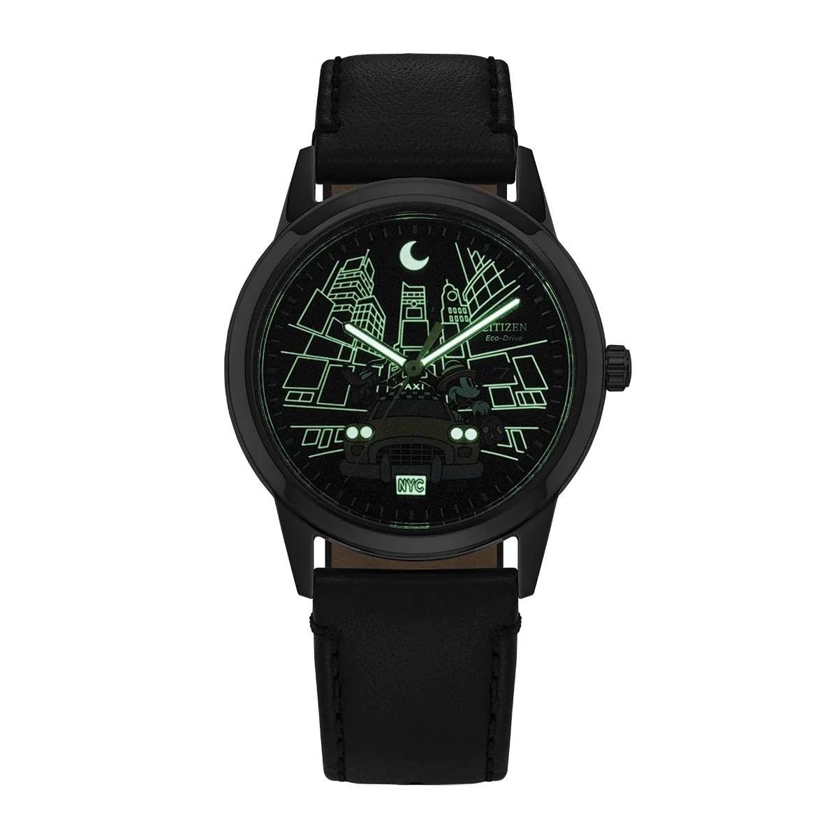 Reloj Citizen análogo, Unisex, tablero redondo color negro, estilo index, pulso cuero color negro, calendario