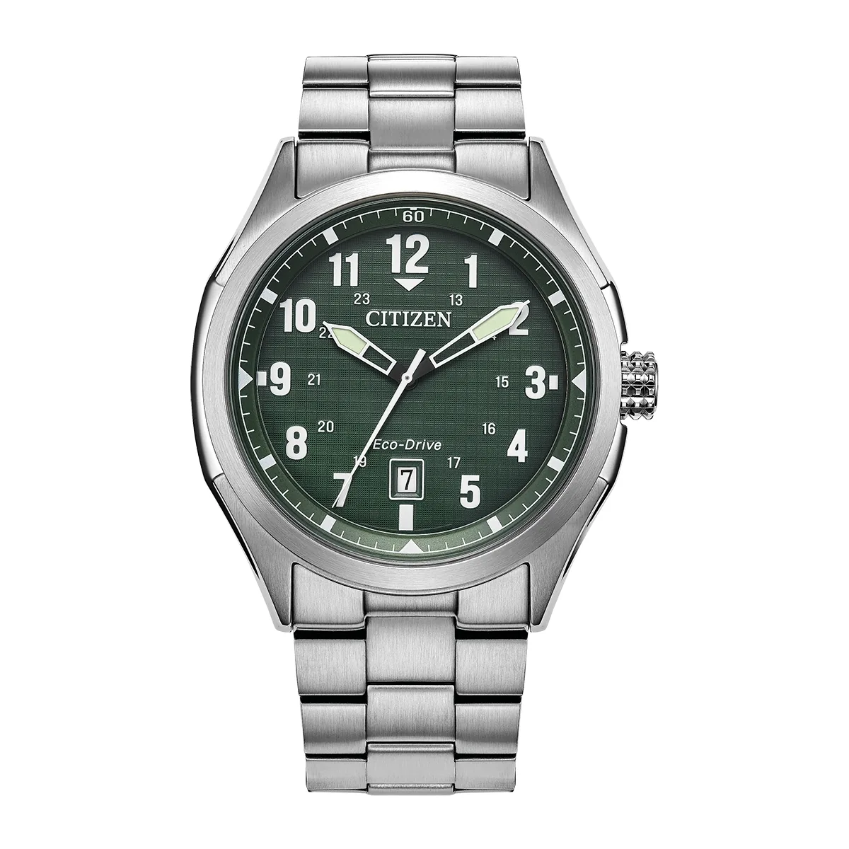 Reloj Citizen análogo, para Hombre, tablero redondo color verde, estilo arábigos, pulso acero color plateado, calendario