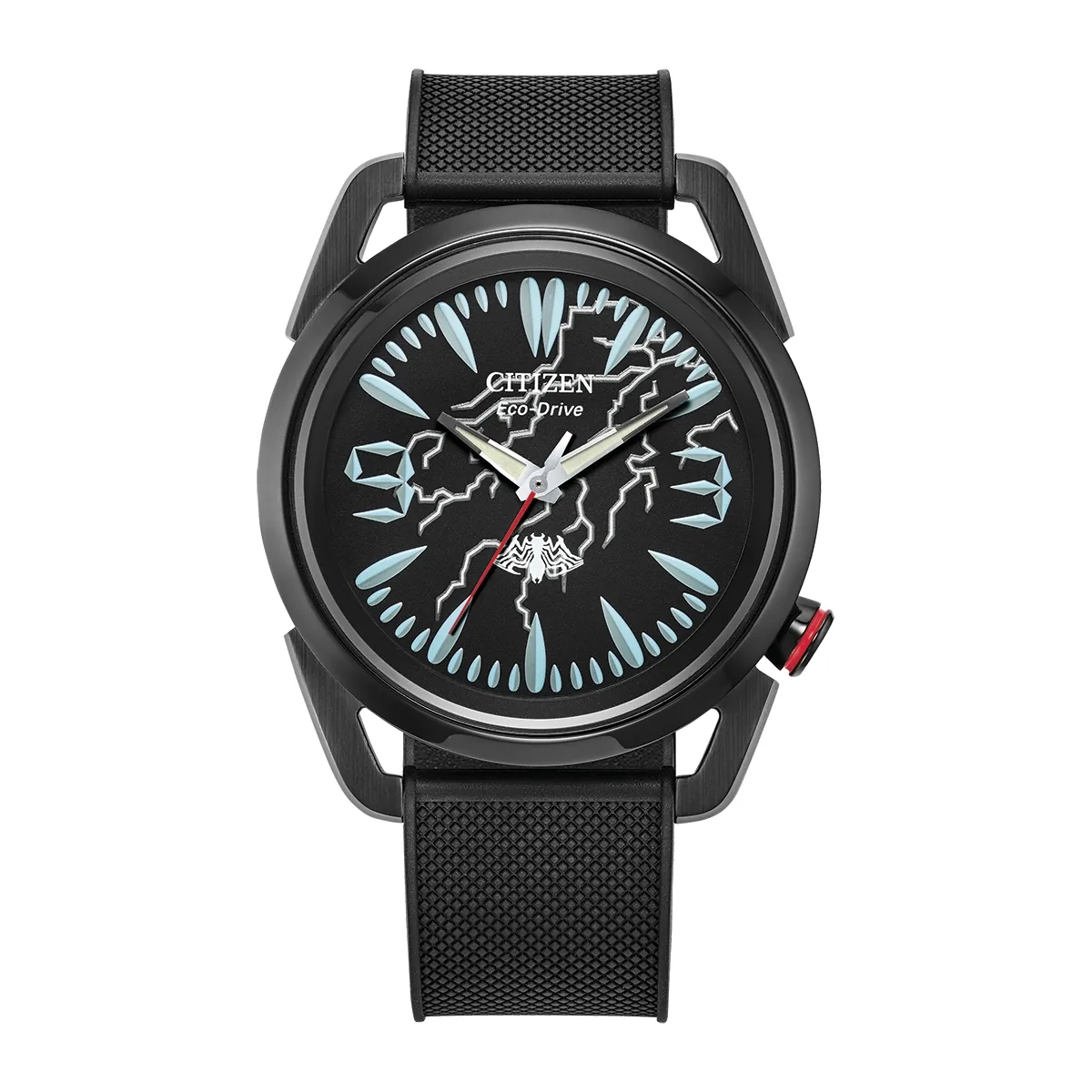 Reloj Citizen análogo, para Hombre, tablero redondo colores negro y azul, estilo index + arábigo, pulso silicona color negro