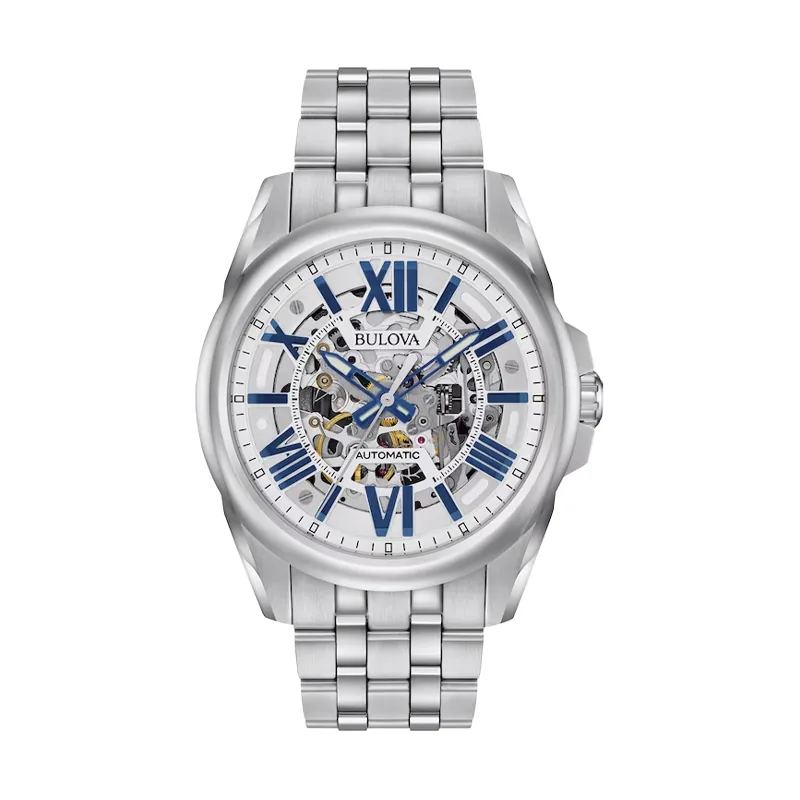 Reloj Bulova análogo, para Hombre, tablero redondo colores plateado y azul, estilo index + romano, pulso acero color plateado
