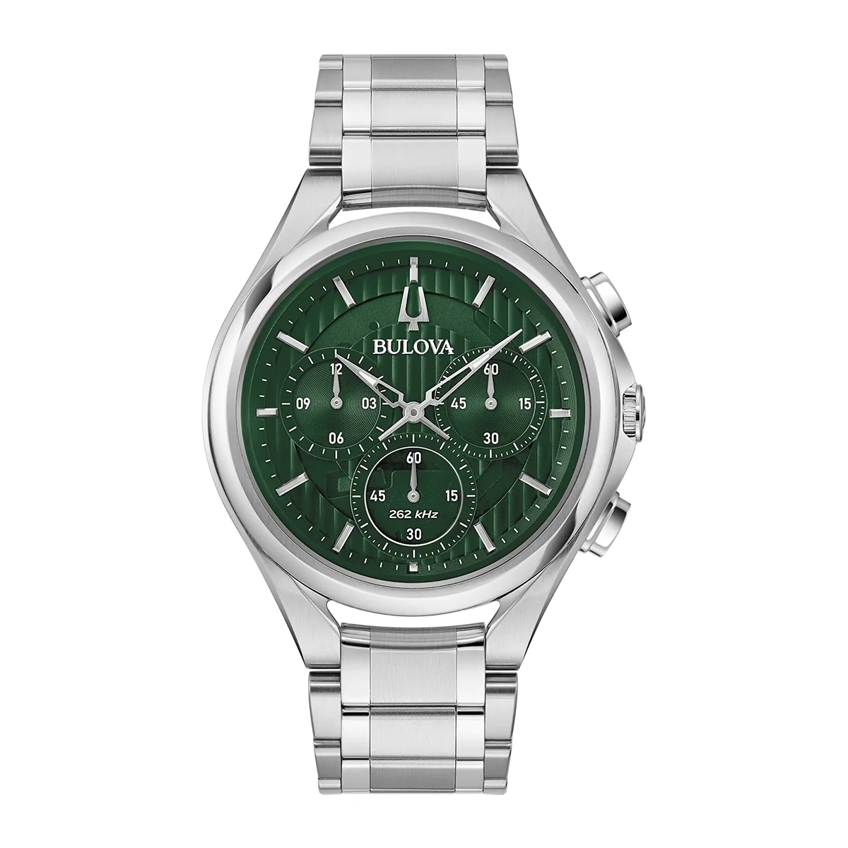 Reloj Bulova análogo, para Hombre, tablero redondo color verde, estilo index, pulso acero color plateado, cronografo