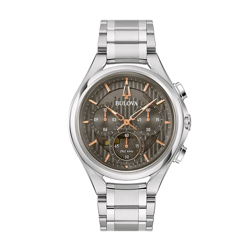 Reloj Bulova análogo, para Hombre, tablero redondo color gris, estilo index, pulso acero color plateado, cronografo