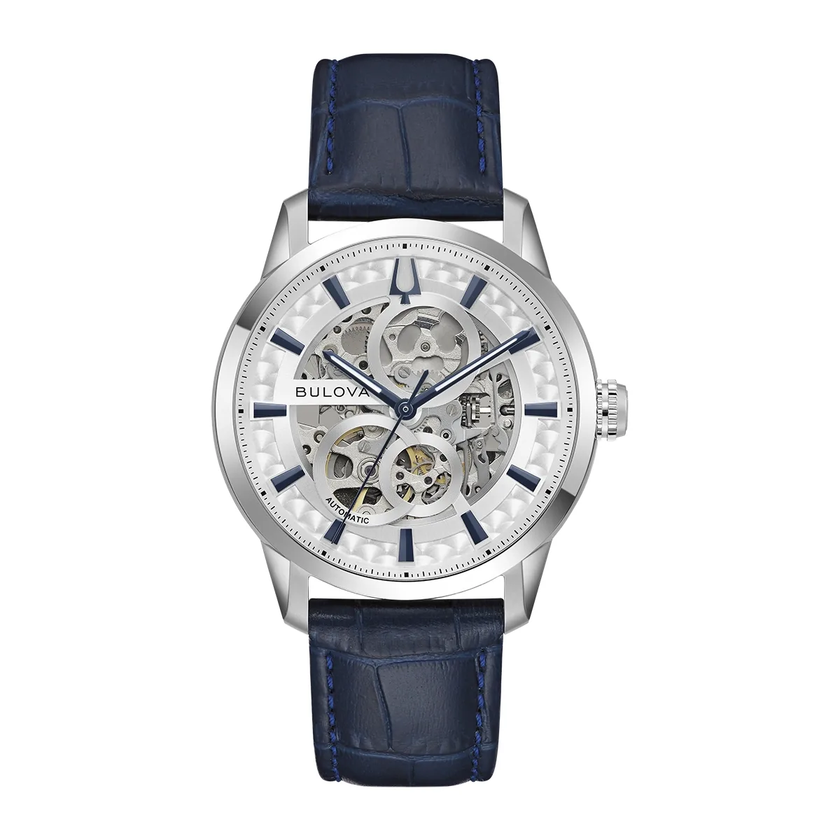 Reloj Bulova análogo, para Hombre, tablero redondo color plateado, estilo index, pulso cuero color azul