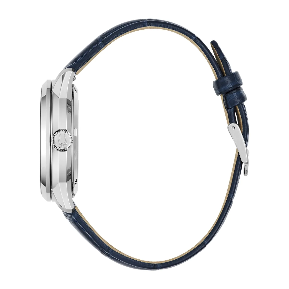 Reloj Bulova análogo, para Hombre, tablero redondo color plateado, estilo index, pulso cuero color azul