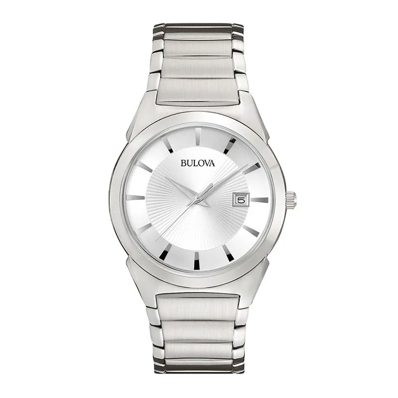 Reloj Bulova análogo, para Hombre, tablero redondo color plateado, estilo index, pulso acero color plateado, calendario