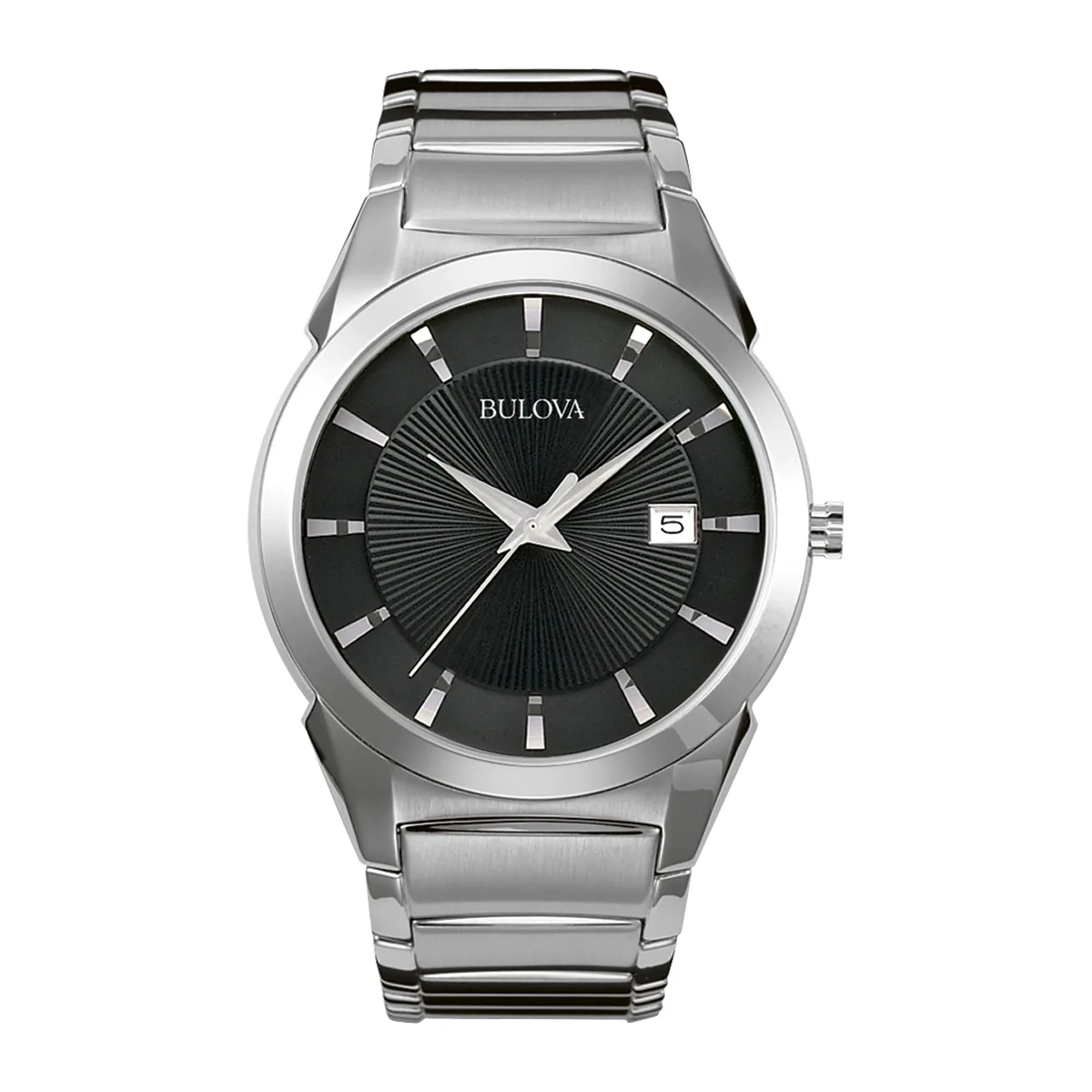 Reloj Bulova análogo, para Hombre, tablero redondo colores negro y plateado, estilo index, pulso acero color plateado, calendario