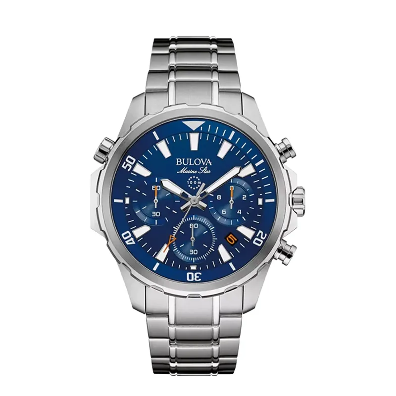 Reloj Bulova análogo, para Hombre, tablero redondo colores azul y blanco, estilo index, pulso acero color plateado, calendario, cronografo
