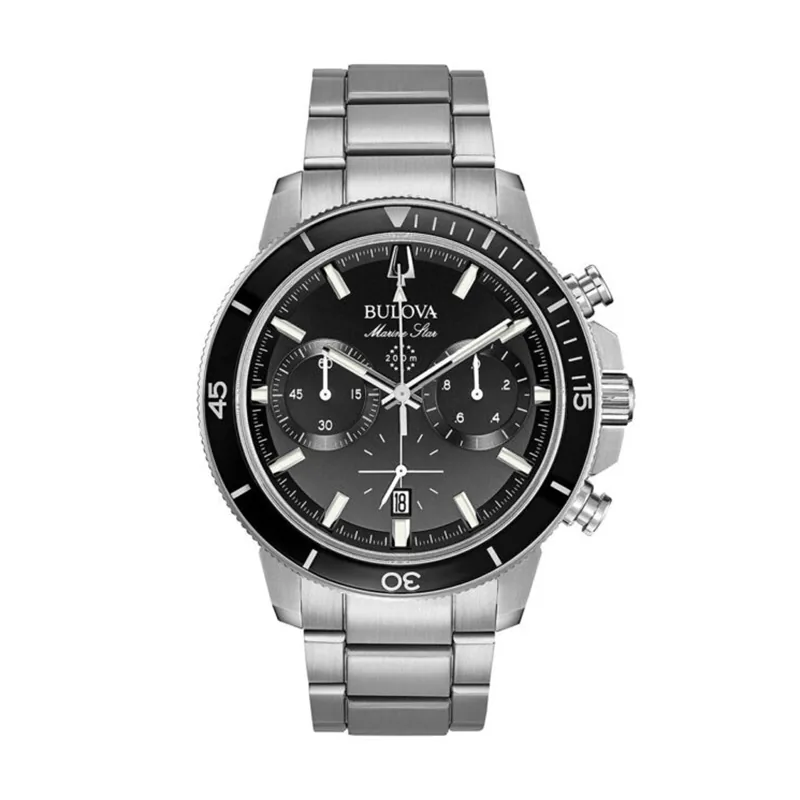 Reloj Bulova analogo, para Hombre, tablero redondo colores negro y plateado, estilo index, pulso acero color plateado, calendario, cronografo