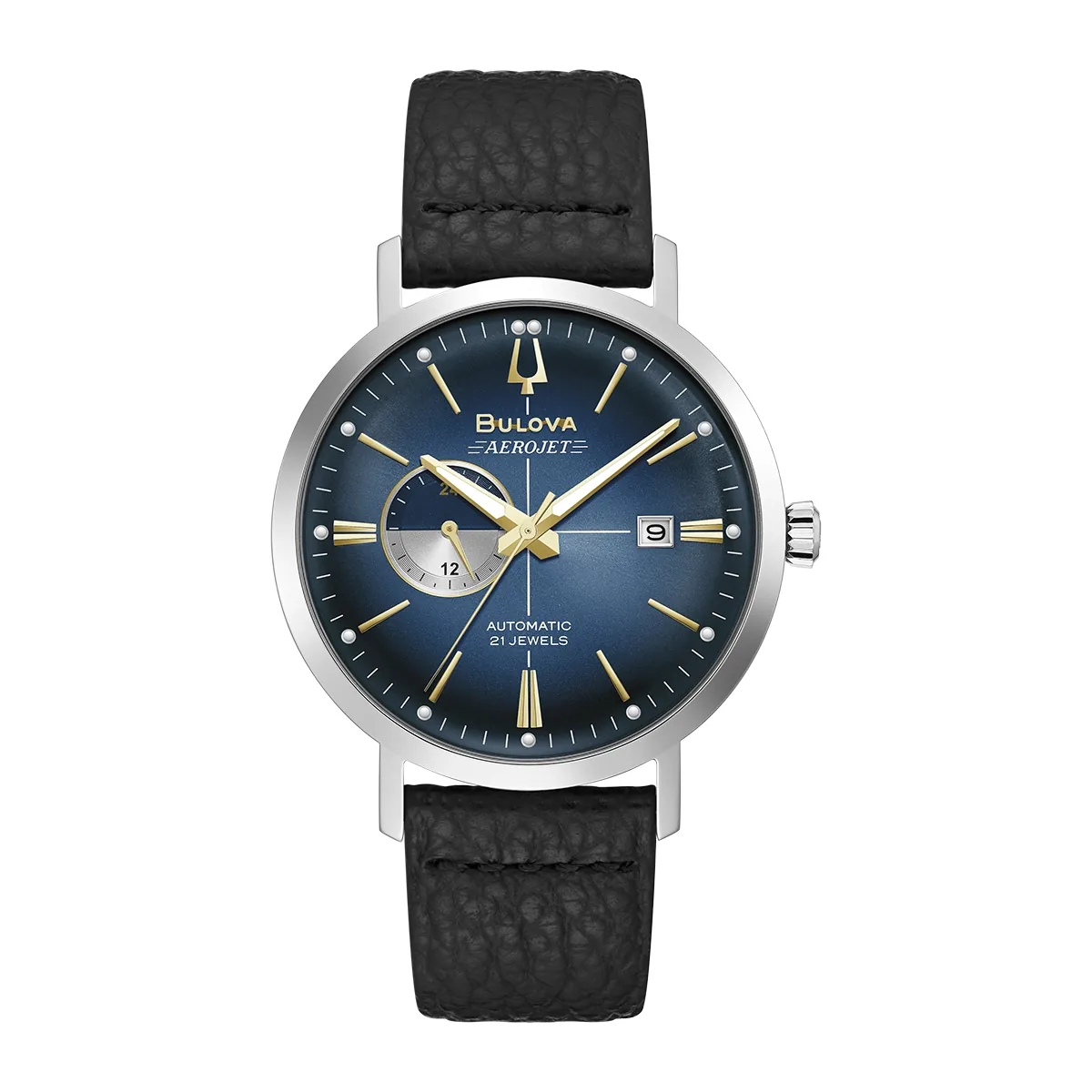 Reloj Bulova análogo, para Hombre, tablero redondo color azul, estilo index, pulso cuero color negro, calendario