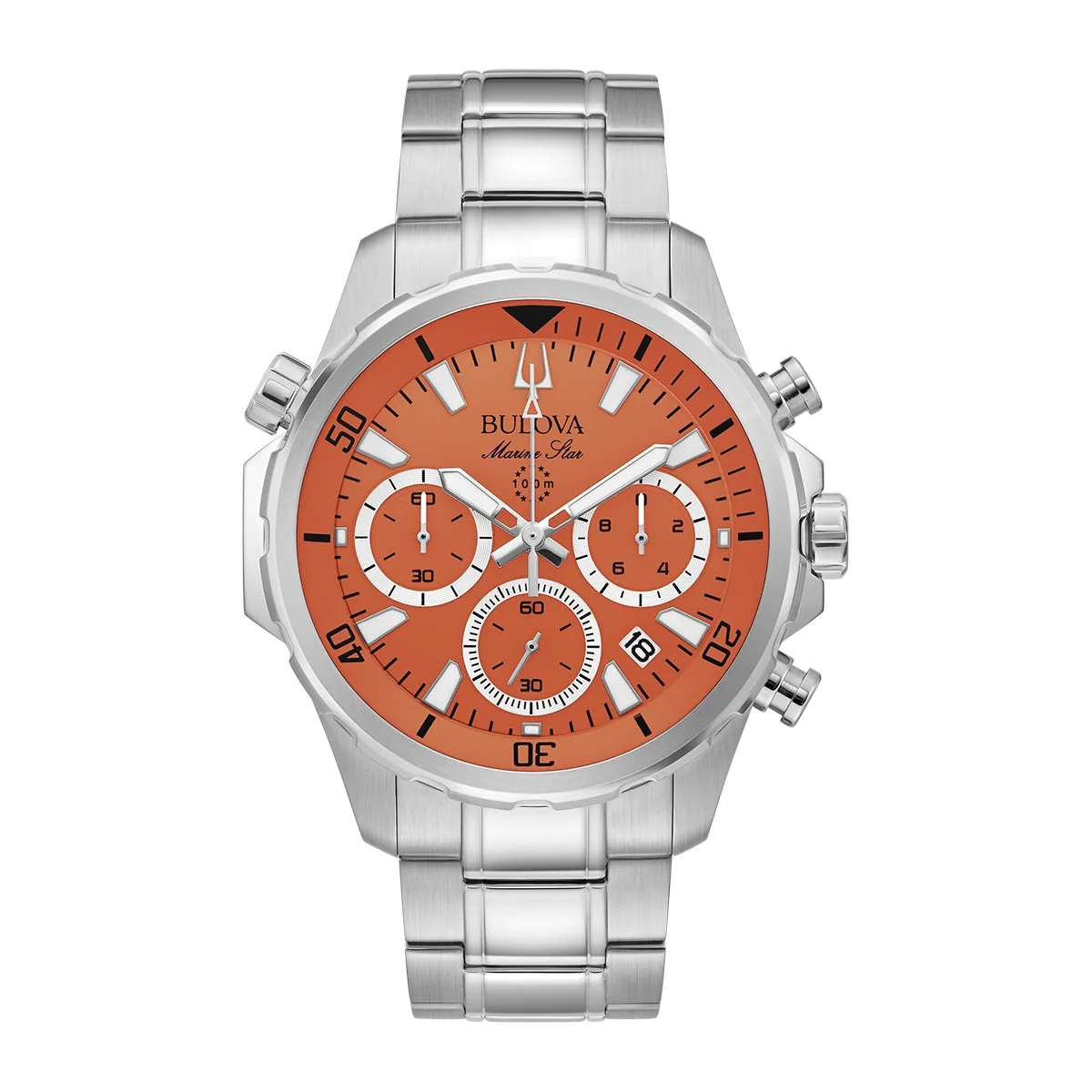 Reloj Bulova análogo, para Hombre, tablero redondo colores naranja y blanco, estilo index, pulso acero color plateado, calendario, cronografo