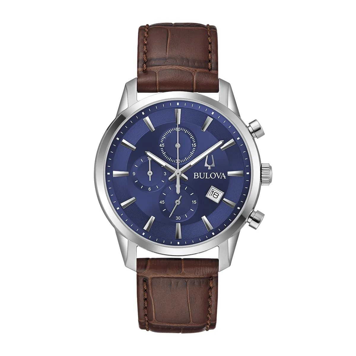 Reloj Bulova análogo, para Hombre, tablero redondo color azul, estilo index, pulso cuero color café, calendario, cronografo