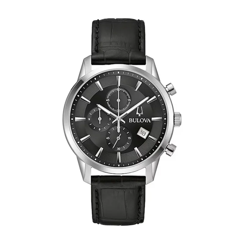 Reloj Bulova análogo, para Hombre, tablero redondo colores negro y plateado, estilo index, pulso cuero color negro, calendario, cronografo