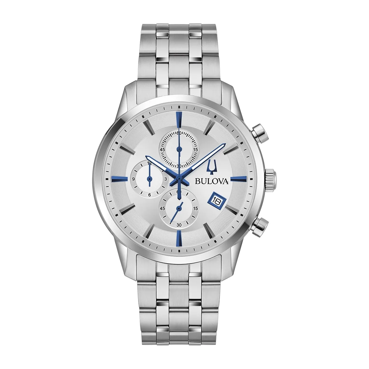 Reloj Bulova análogo, para Hombre, tablero redondo colores plateado y azul, estilo index, pulso acero color plateado, calendario, cronografo