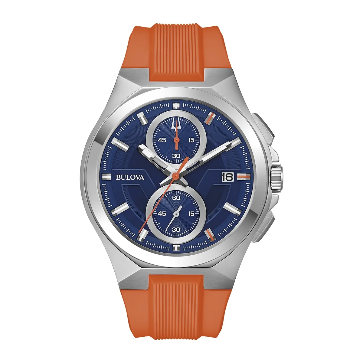 Reloj Bulova análogo, para Hombre, tablero redondo colores azul y plateado, estilo index, pulso silicona color naranja, calendario, cronografo