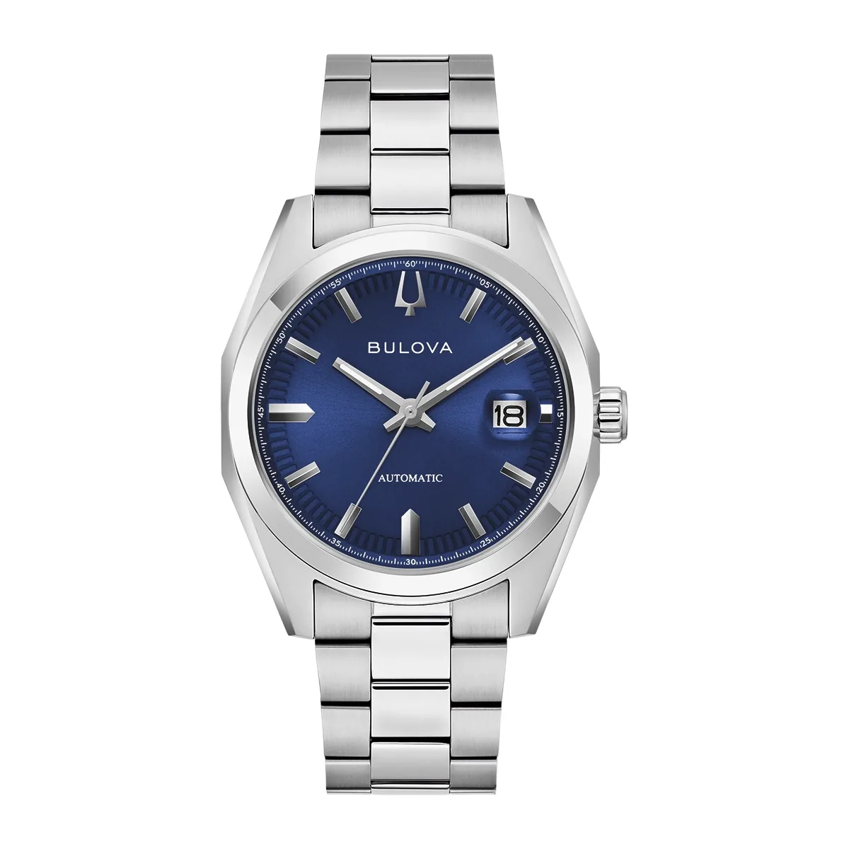 Reloj Bulova análogo, para Hombre, tablero redondo color azul, estilo index, pulso acero color plateado, calendario