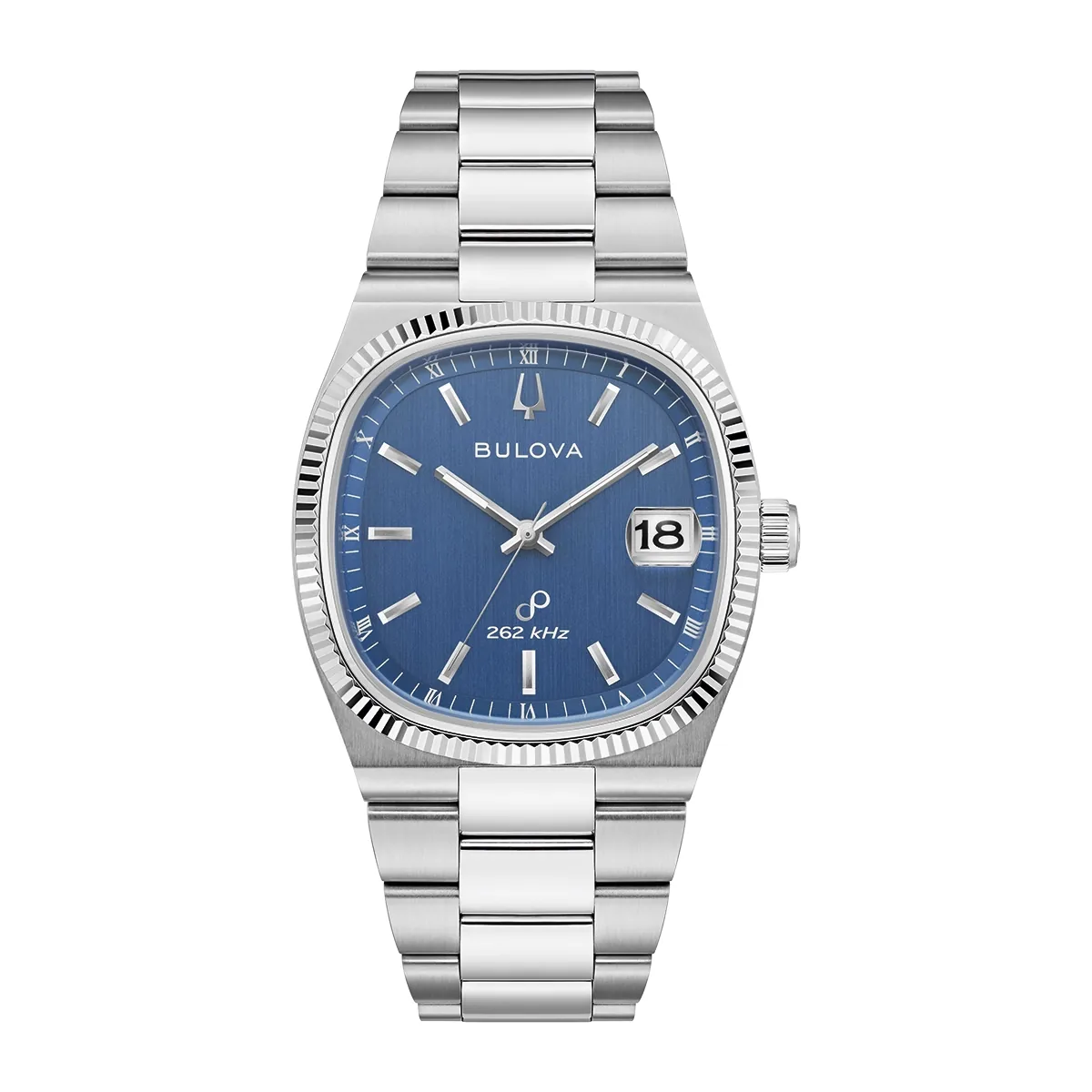 Reloj Bulova análogo, para Hombre, tablero cuadrado color azul, estilo index, pulso acero color plateado, calendario