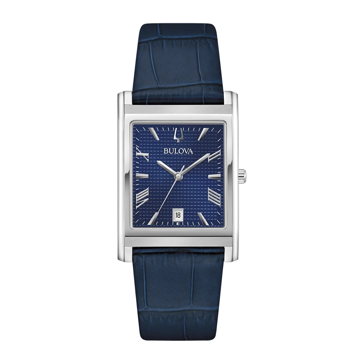 Reloj Bulova análogo, para Hombre, tablero rectangular color azul, estilo index + romano, pulso cuero color azul, calendario