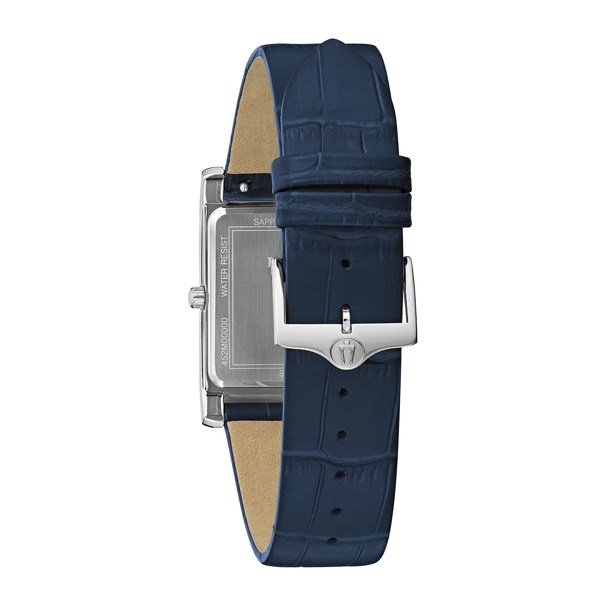Reloj Bulova análogo, para Hombre, tablero rectangular color azul, estilo index + romano, pulso cuero color azul, calendario