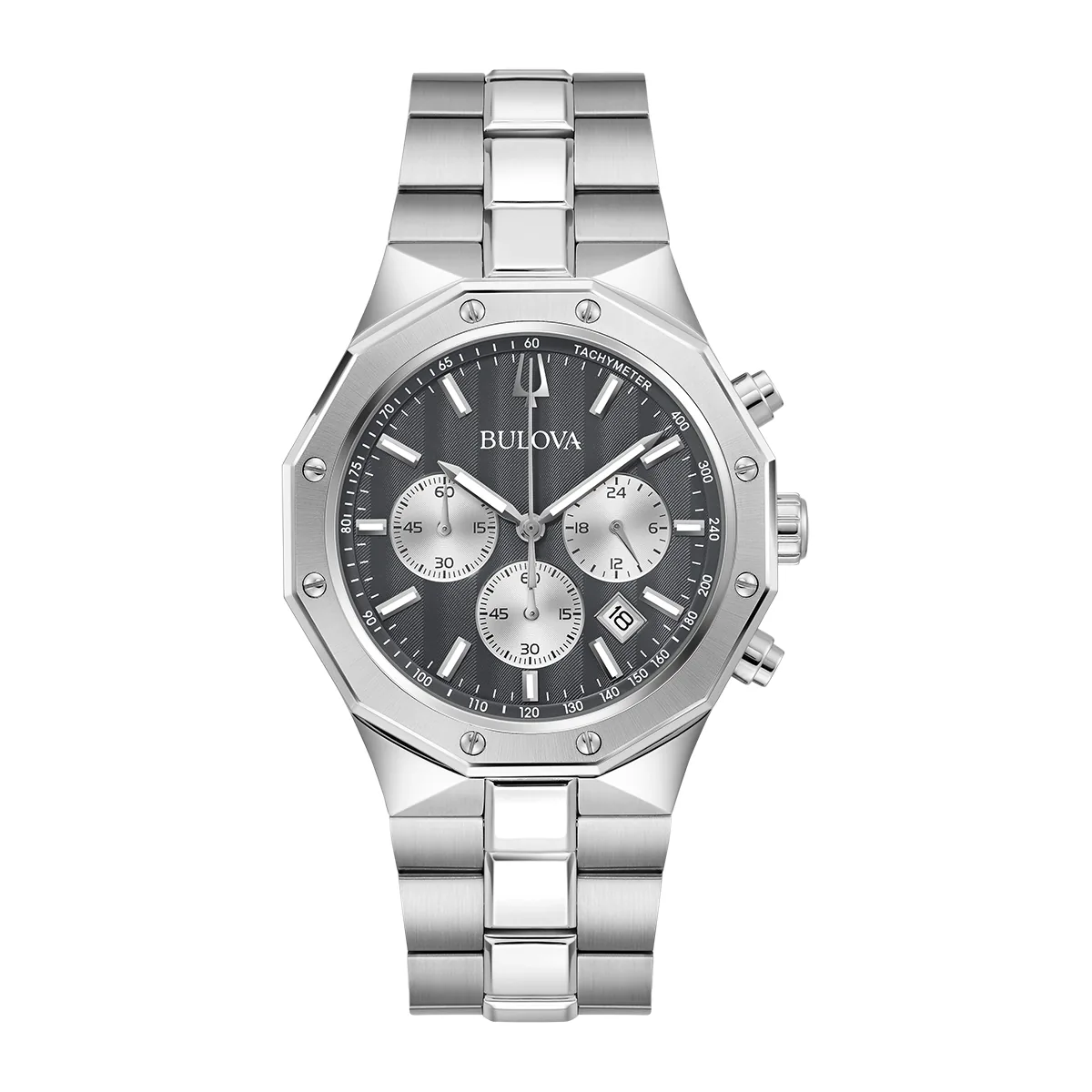 Reloj Bulova análogo, para Hombre, tablero redondo colores gris, negro y plateado, estilo index, pulso acero color plateado, calendario, cronografo