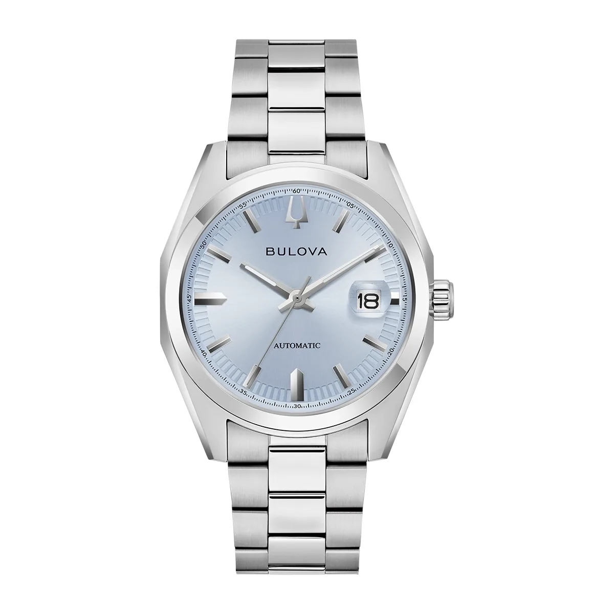 Reloj Bulova análogo, para Hombre, tablero redondo color azul, estilo index, pulso acero color plateado, calendario
