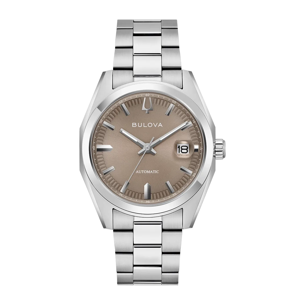 Reloj Bulova análogo, para Hombre, tablero redondo color café, estilo index, pulso acero color plateado, calendario