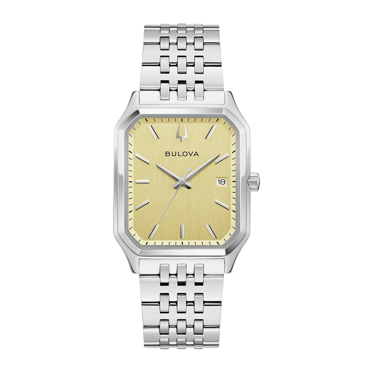 Reloj Bulova análogo, para Hombre, tablero rectangular color dorado, estilo index, pulso acero color plateado, calendario