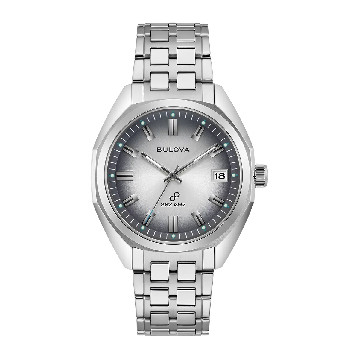 Reloj Bulova análogo, para Hombre, tablero redondo color plateado, estilo index, pulso acero color plateado, calendario