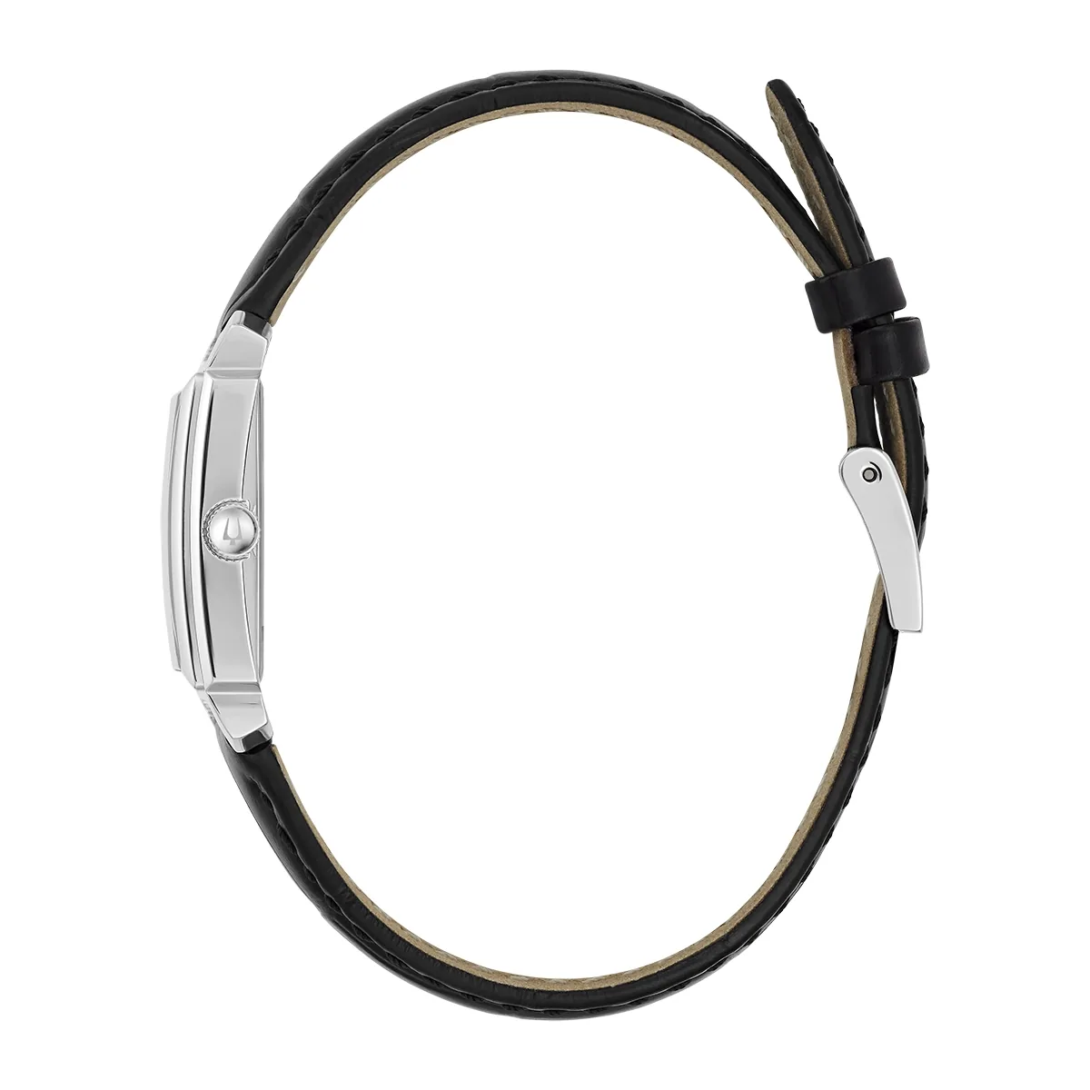 Reloj Bulova análogo, para Dama, tablero rectangular color blanco, estilo index + romano, pulso cuero color negro