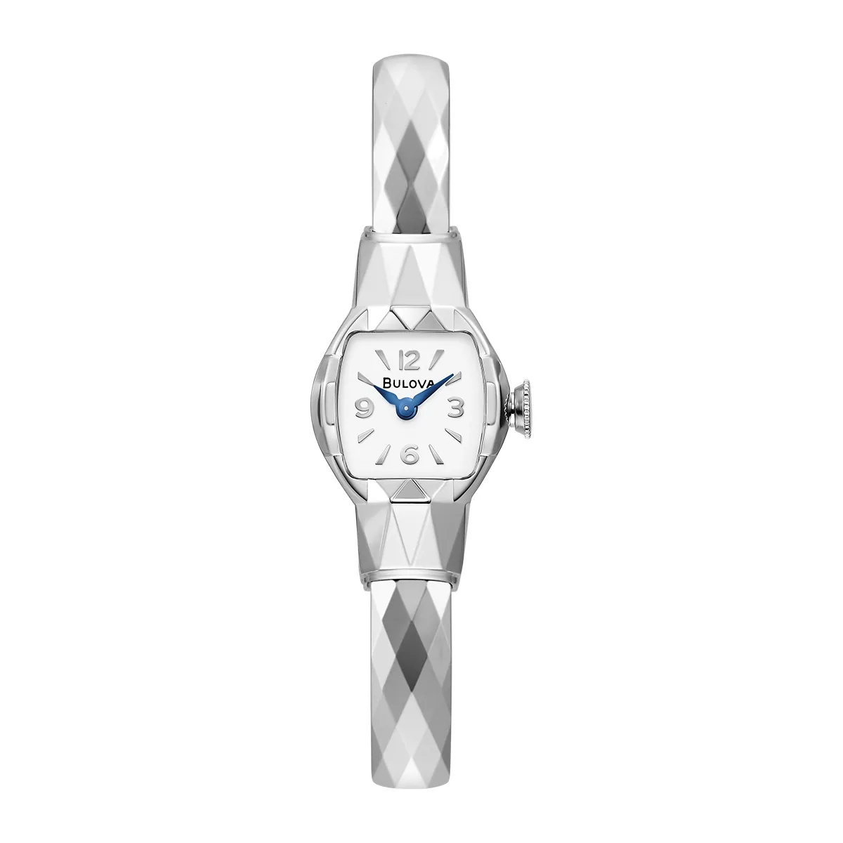 Reloj Bulova análogo, para Dama, tablero cuadrado color blanco, estilo index + arábigo, pulso acero color plateado