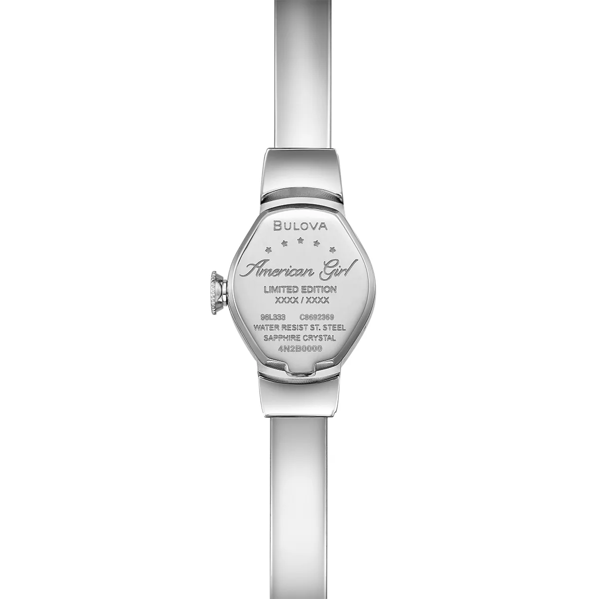 Reloj Bulova análogo, para Dama, tablero cuadrado color blanco, estilo index + arábigo, pulso acero color plateado