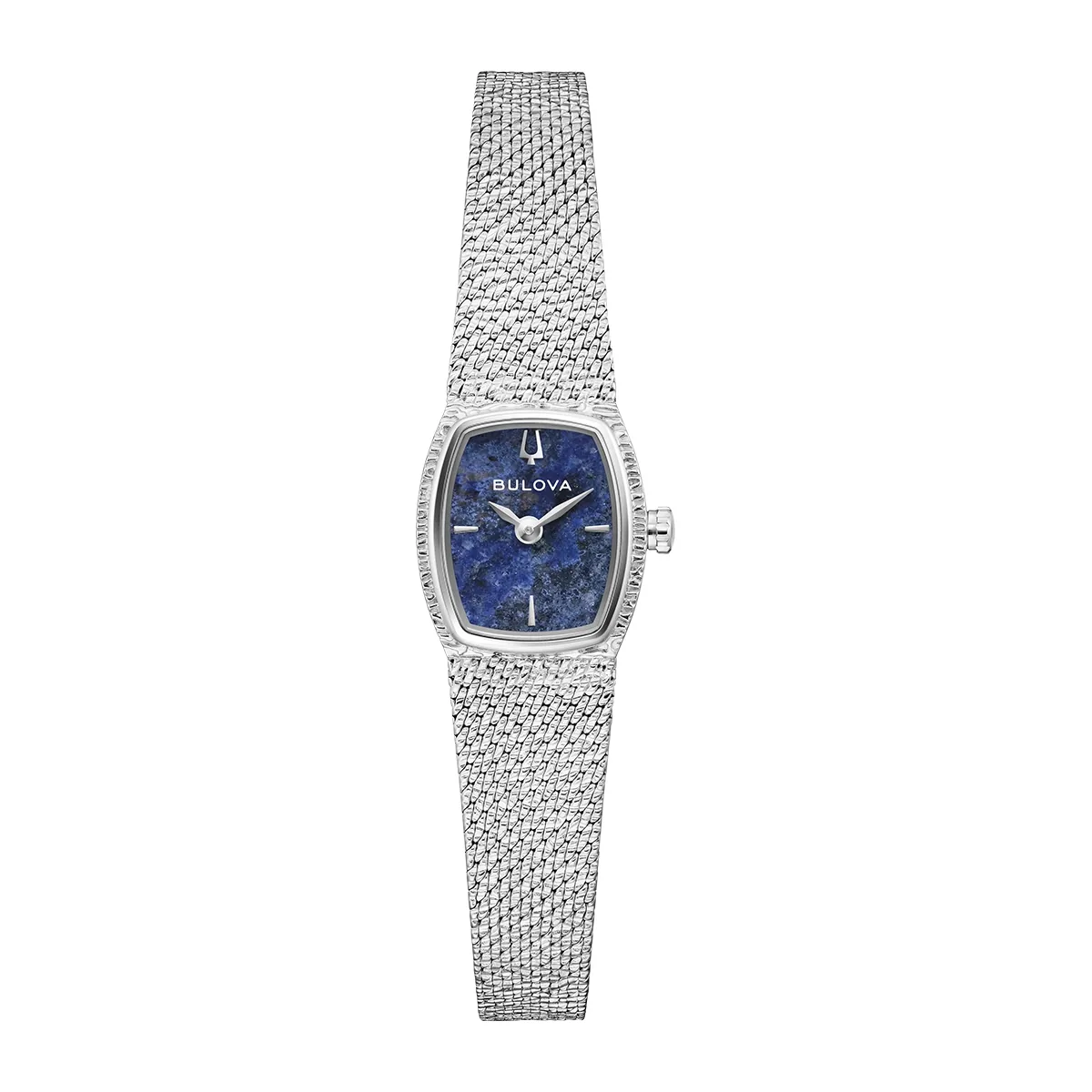 Reloj Bulova análogo, para Dama, tablero rectangular color azul, estilo index, pulso acero color plateado