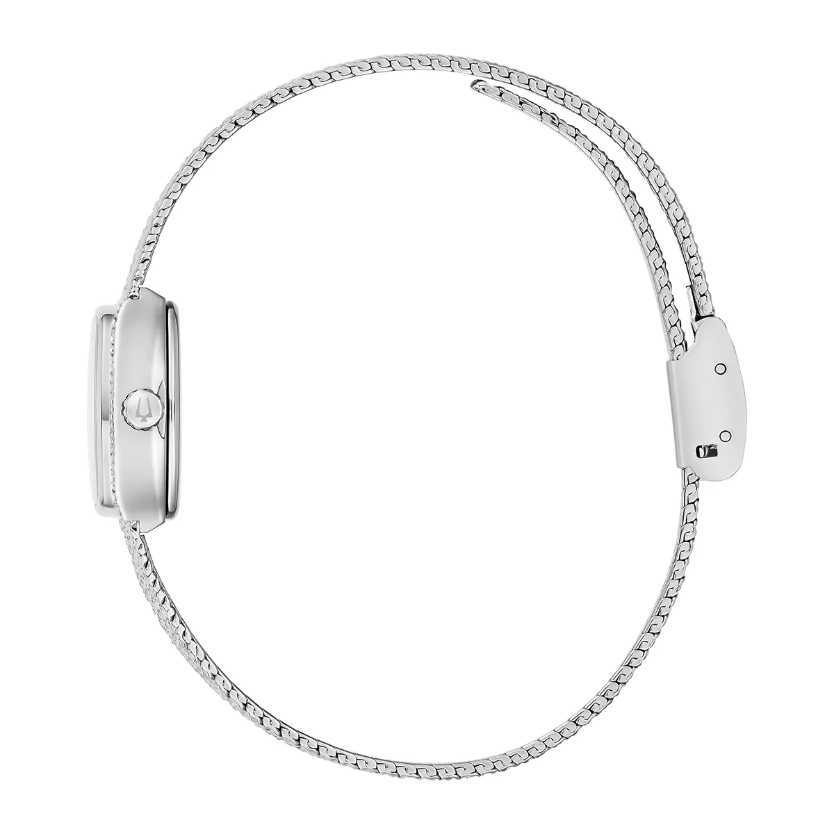 Reloj Bulova análogo, para Dama, tablero rectangular color azul, estilo index, pulso acero color plateado