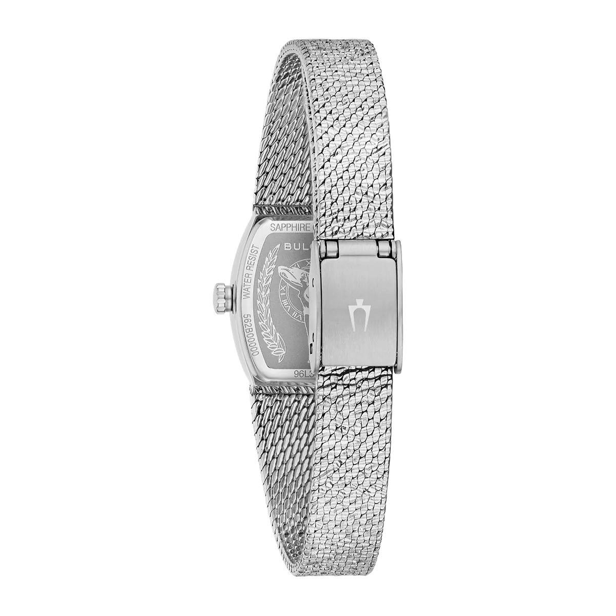 Reloj Bulova análogo, para Dama, tablero rectangular color azul, estilo index, pulso acero color plateado