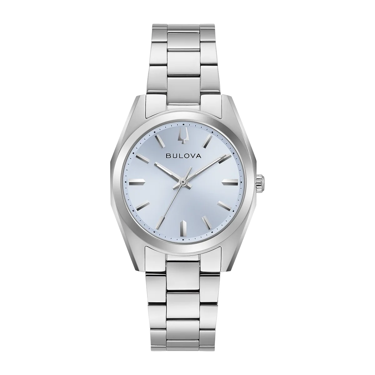 Reloj Bulova análogo, para Dama, tablero redondo color azul, estilo index, pulso acero color plateado