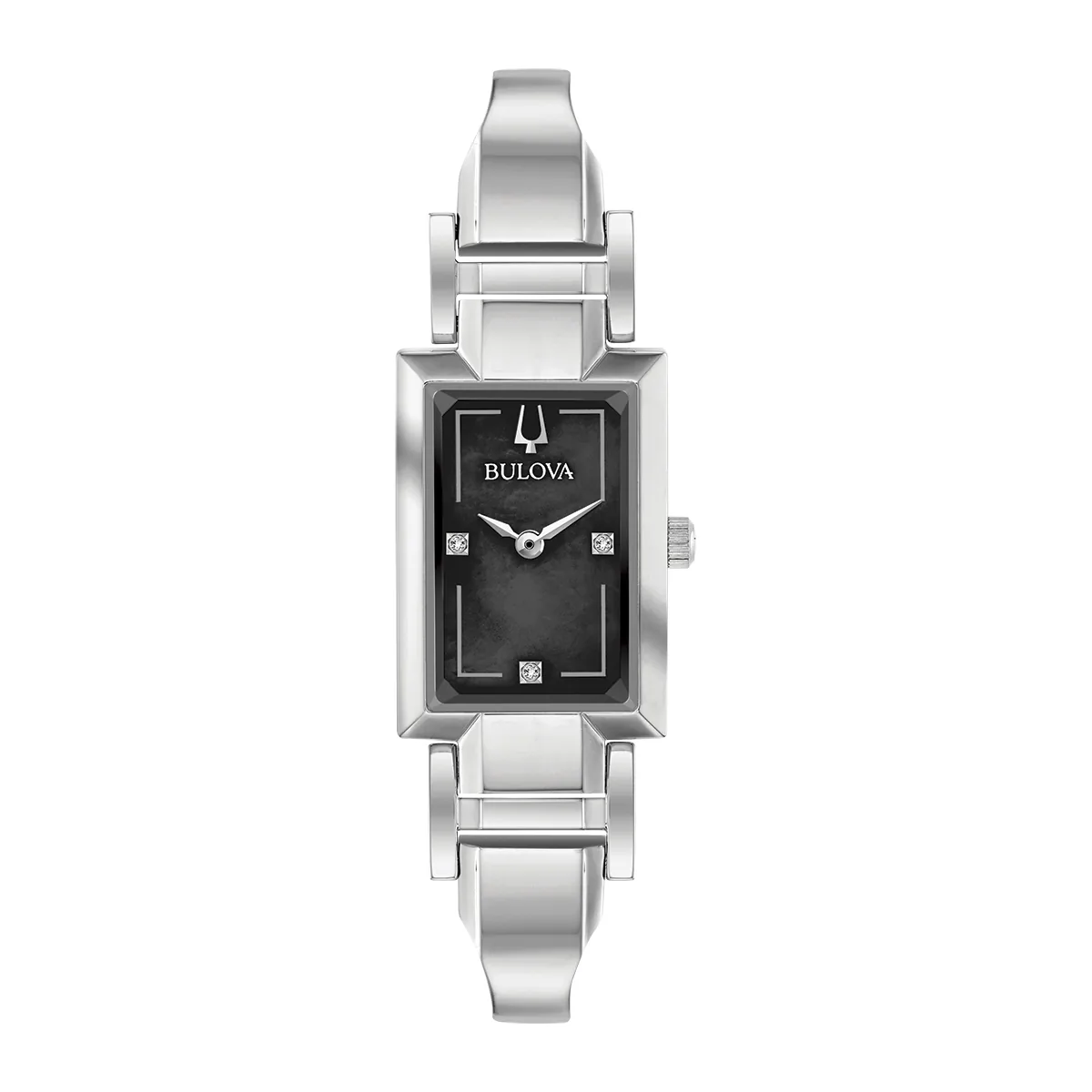 Reloj Bulova análogo, para Dama, tablero rectangular color negro, estilo puntos, pulso acero color plateado