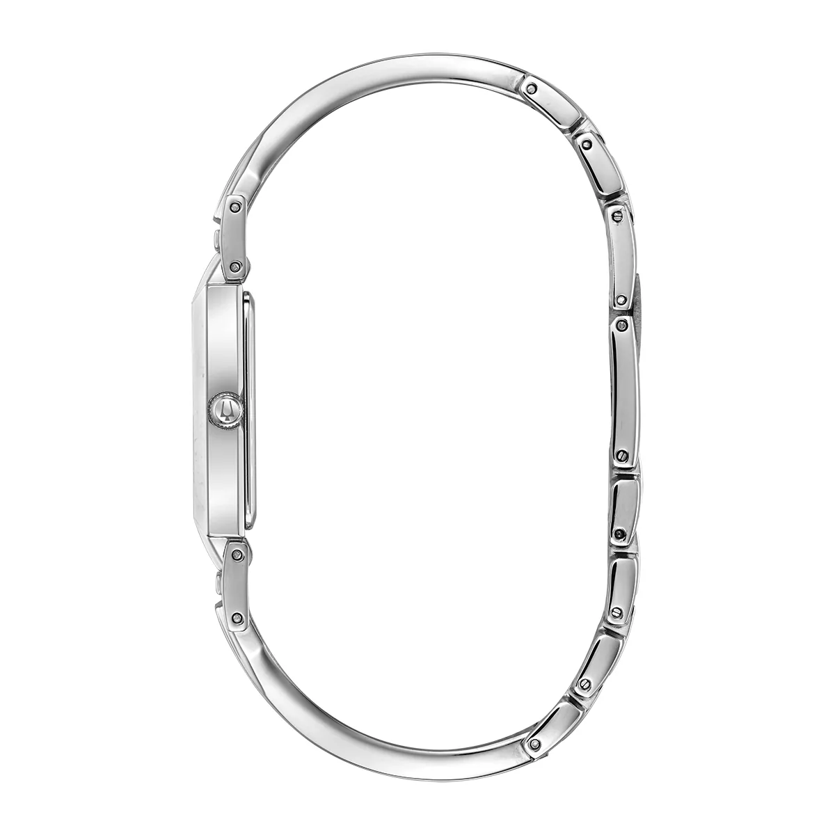 Reloj Bulova análogo, para Dama, tablero rectangular color negro, estilo puntos, pulso acero color plateado