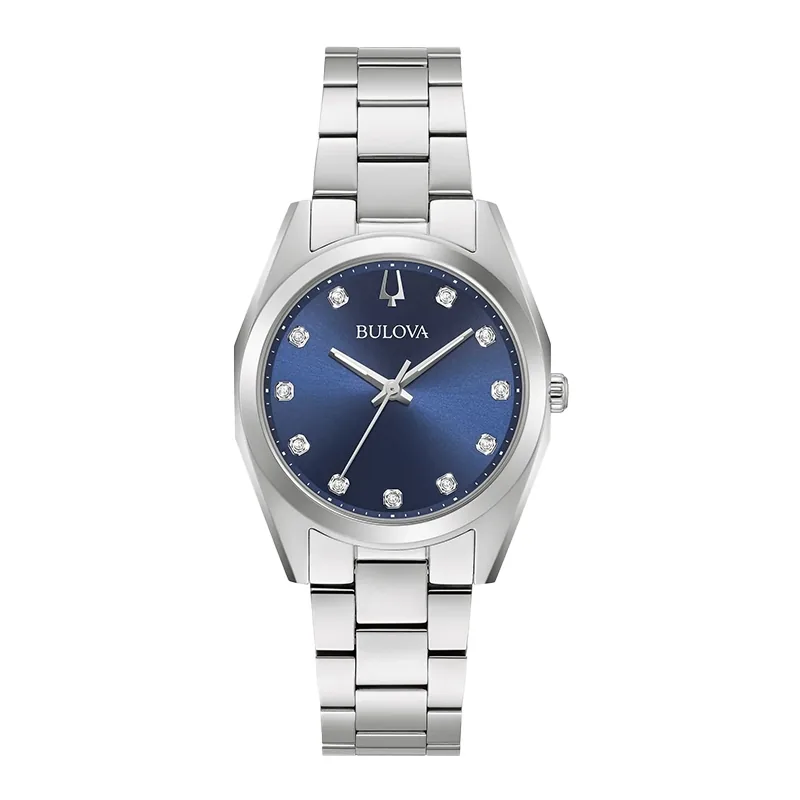 Reloj Bulova analogo, para Dama, tablero redondo color azul, estilo puntos, pulso acero color plateado