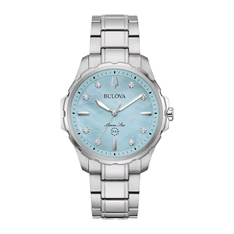 Reloj Bulova analogo, para Dama, tablero redondo color azul, estilo index + puntos, pulso acero color plateado