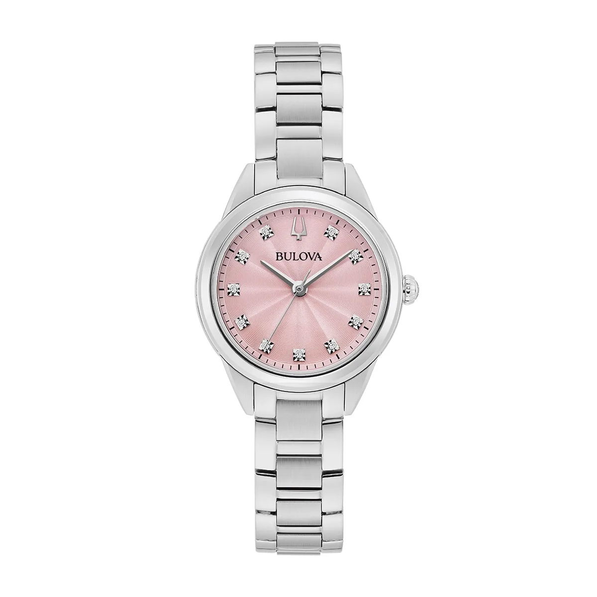 Reloj Bulova analogo, para Dama, tablero redondo colores rosado y plateado, estilo puntos, pulso acero color plateado